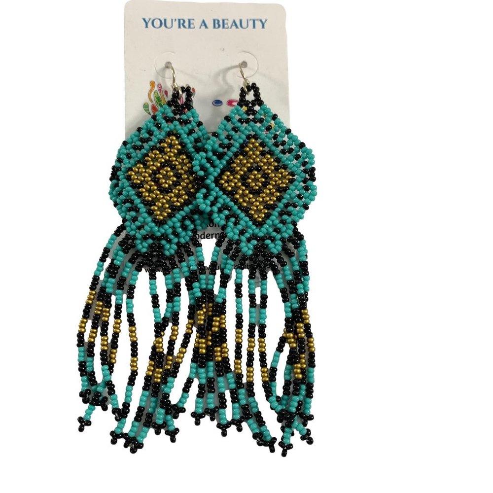 Seed Bead Earrings Blue Black Gold 4" Long Diamond Pattern Boho Hand Crafted